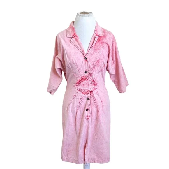 Champagne West Vintage 80s Acid Wash Denim Dress Size 11 Pink Retro Rockabilly - Picture 1 of 10
